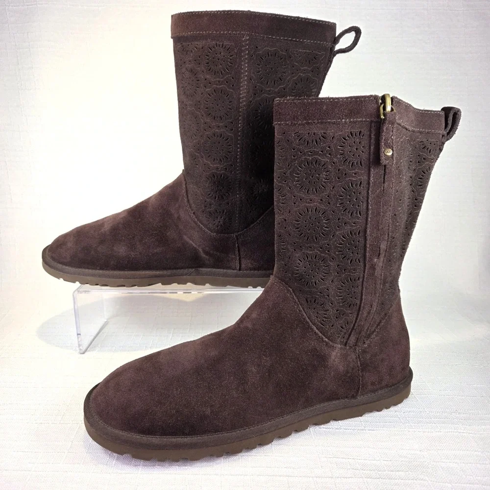 UGG Lo Pro Short Brown‎ Boots Suede Flower Patterned Winter Boho Women's 9